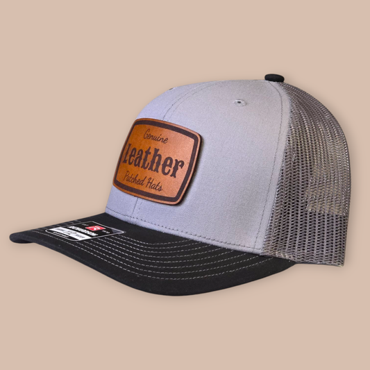 grey / charcoal richardson 112 hat with laser engraved genuine leather patch