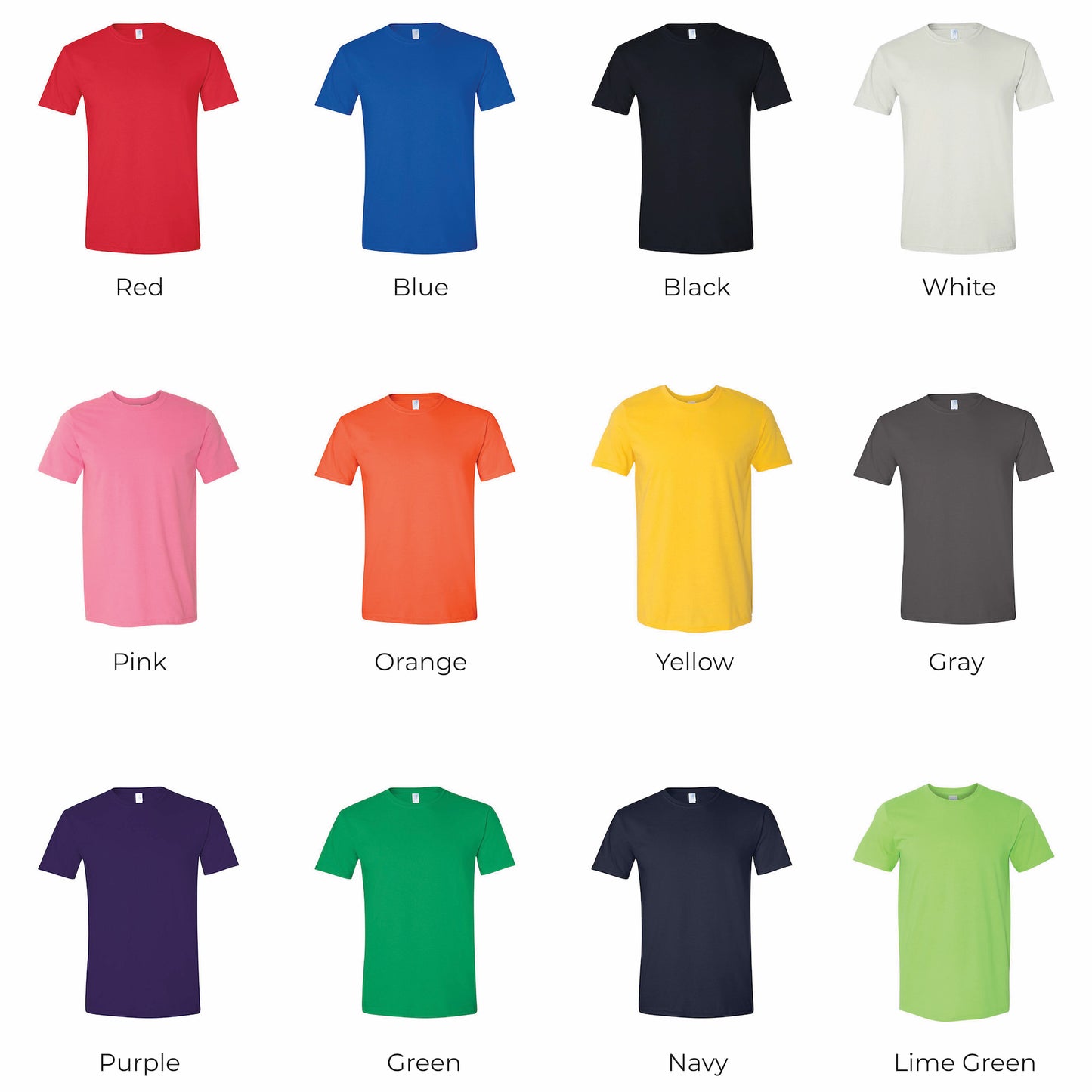Multiple color options of the Gildan Softstyle 64000 t-shirt displayed in assorted shades and styles