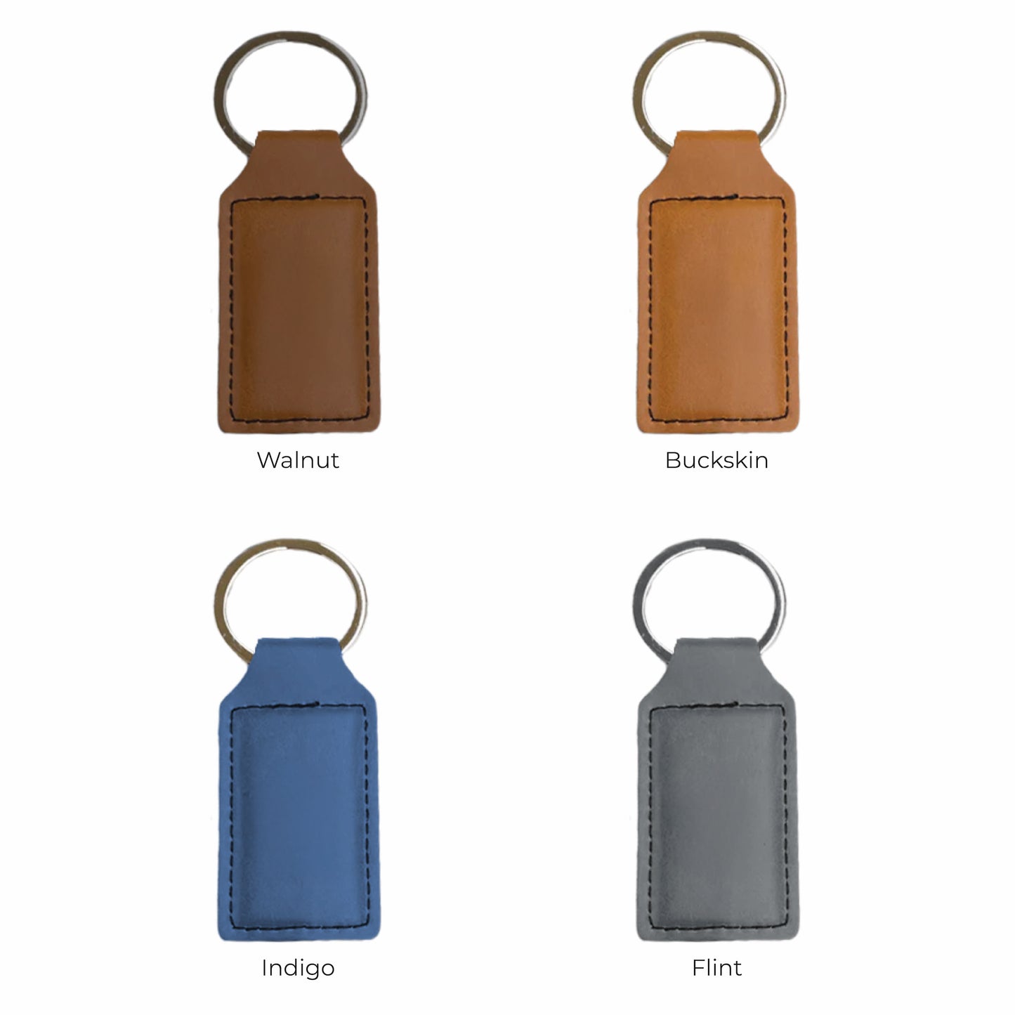 Leatherette keychains that come in walnut, buckskin, indigo, and flint, finished with laser engraving