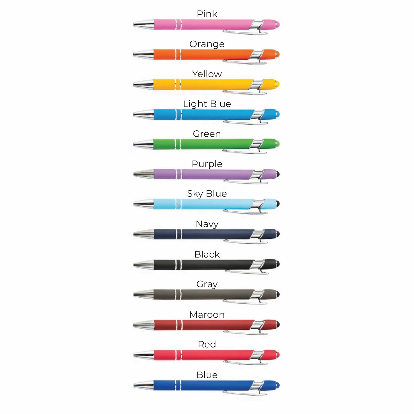 Custom colored pens, engraved with you logo and text choice. 