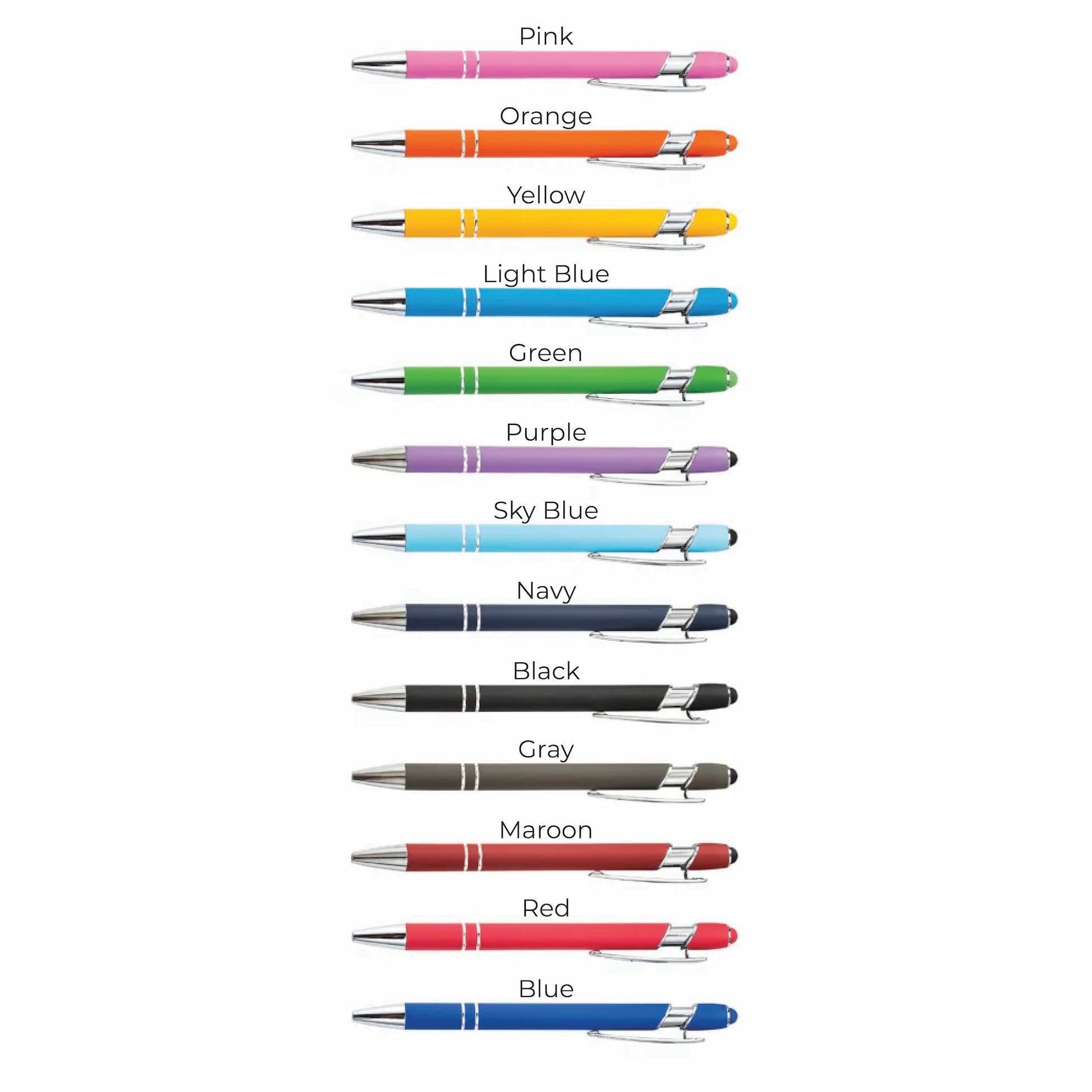 Custom colored pens, engraved with you logo and text choice. 