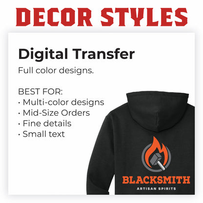 Apparel decoration methods guide breakdown for digital transfers on hoodies