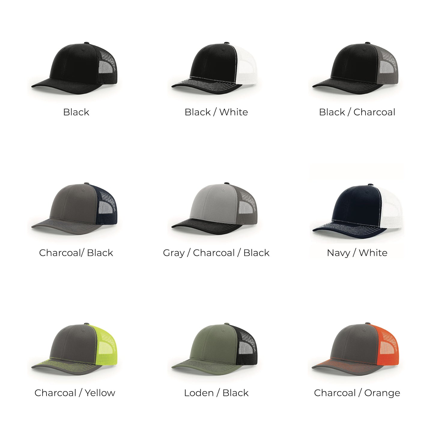 Richardson 112 colorways page showcasing multiple snapback hat color options for custom patch hat builds