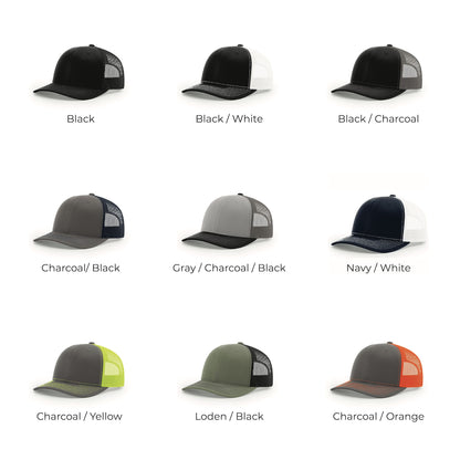 Richardson 112 colorways page showcasing multiple snapback hat color options for custom patch hat builds