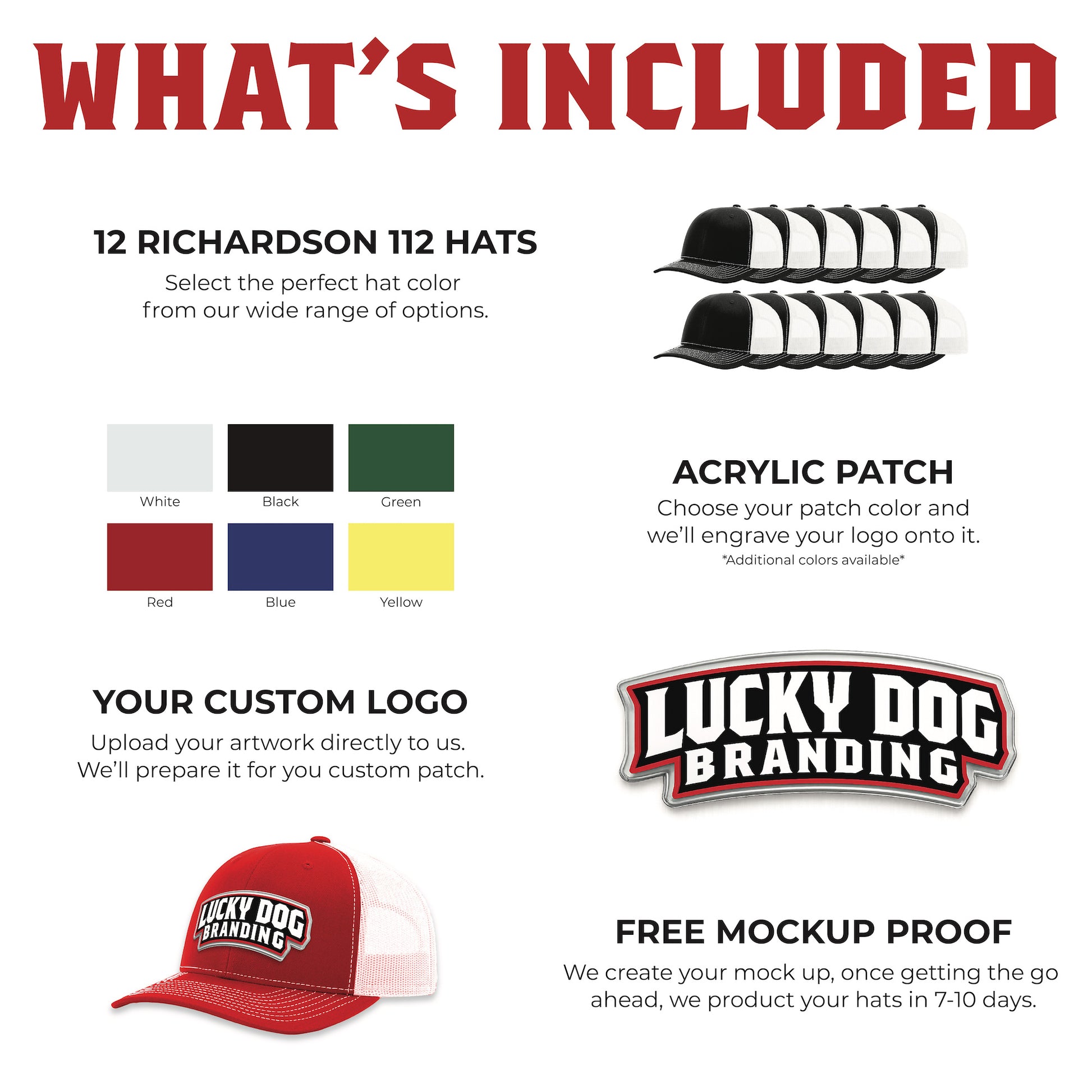 Acrylic patch infographic showing engraved rigid material finish, color fill options, and custom logo application for hats and branding.

Acrylic patches to match your logo for a clean and smooth finish.