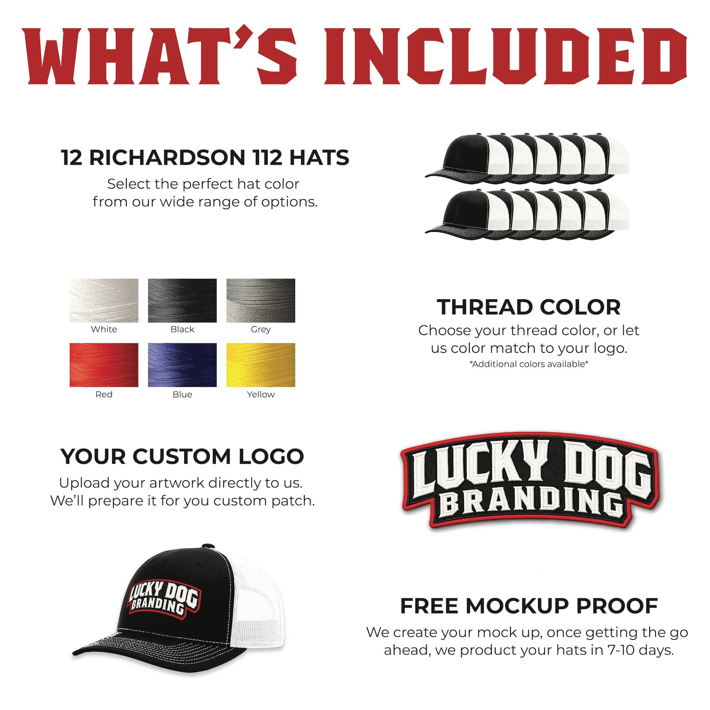 Embroidery patch infographic showing stitched thread detail, fabric base, and custom logo application for hats and apparel.

Embroidered patches in white, black, grey, red, blue, yellow, or other thread for custom hats and apparel.