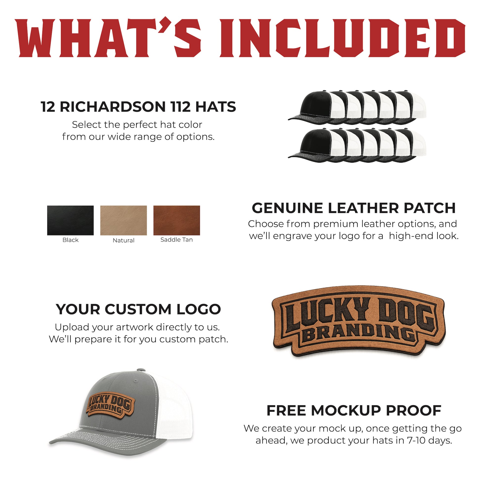 Infographic highlighting genuine leather patches featuring natural grain texture, rugged durability, premium engraved finish, and ideal use for hats, bags, and apparel with a classic worn-in look.

Genuine leather patches in black, natural, and saddle tan for custom hats and branding.