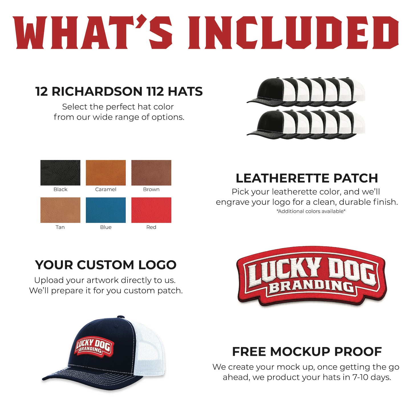 Infographic showing key features of leatherette patches including smooth synthetic finish, lightweight durability, heat press compatibility, and clean engraved or printed detailing for custom hat and apparel branding.

Leatherette patches in black, caramel, brown, tan, blue, and red with engraved finish for custom hats.