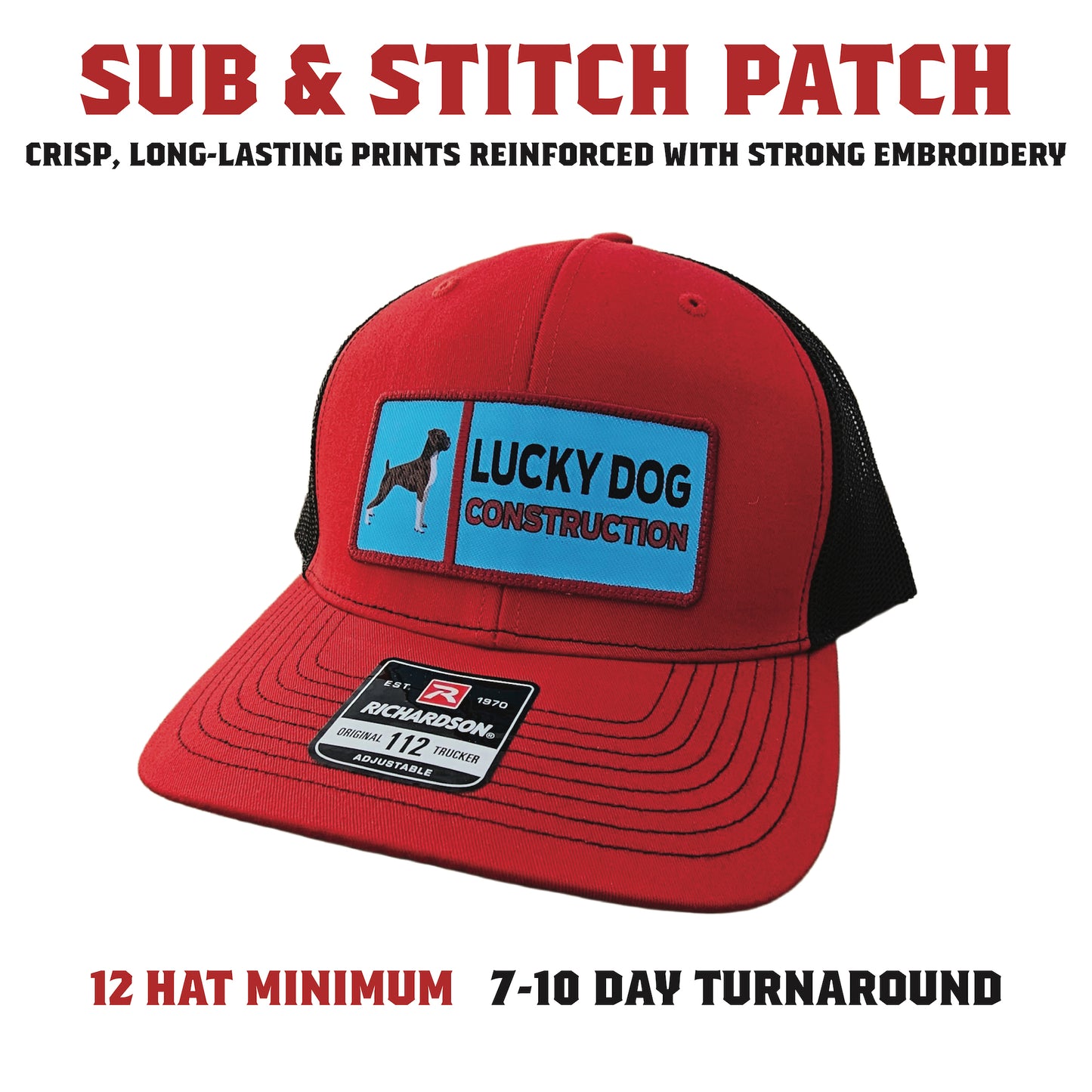 Hat with a sublimated patch combined with stitched detailing for a mixed-finish logo design
