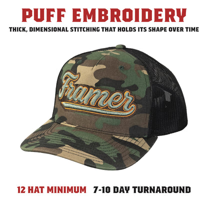 A bold embroidered hat featuring raised 3D puff stitching for added texture and depth. Designed to stand out while maintaining a clean, durable finish
