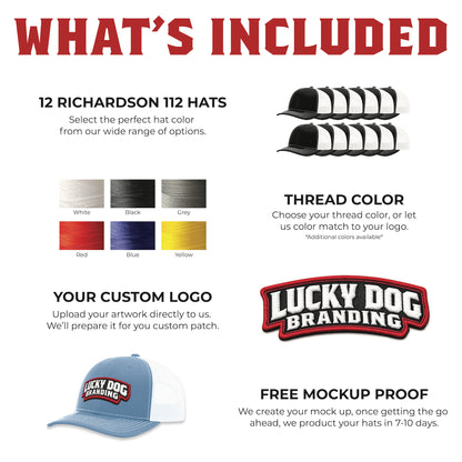 Promotional graphic for Lucky Dog Branding services in Idaho Falls. Including hats, thread color options, custom logo upload, and free mockup proof.

3D puff embroidered patches in white, black, grey, red, blue, yellow, or other for raised logo design.