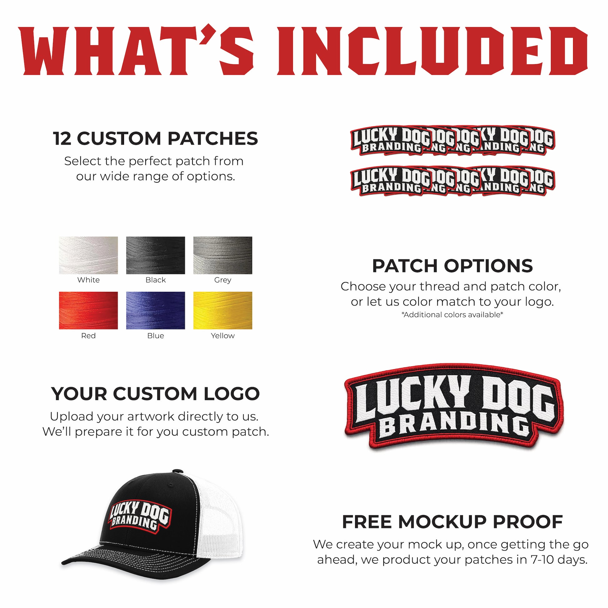 Custom embroidered patch package display featuring stitched patch options and branding details