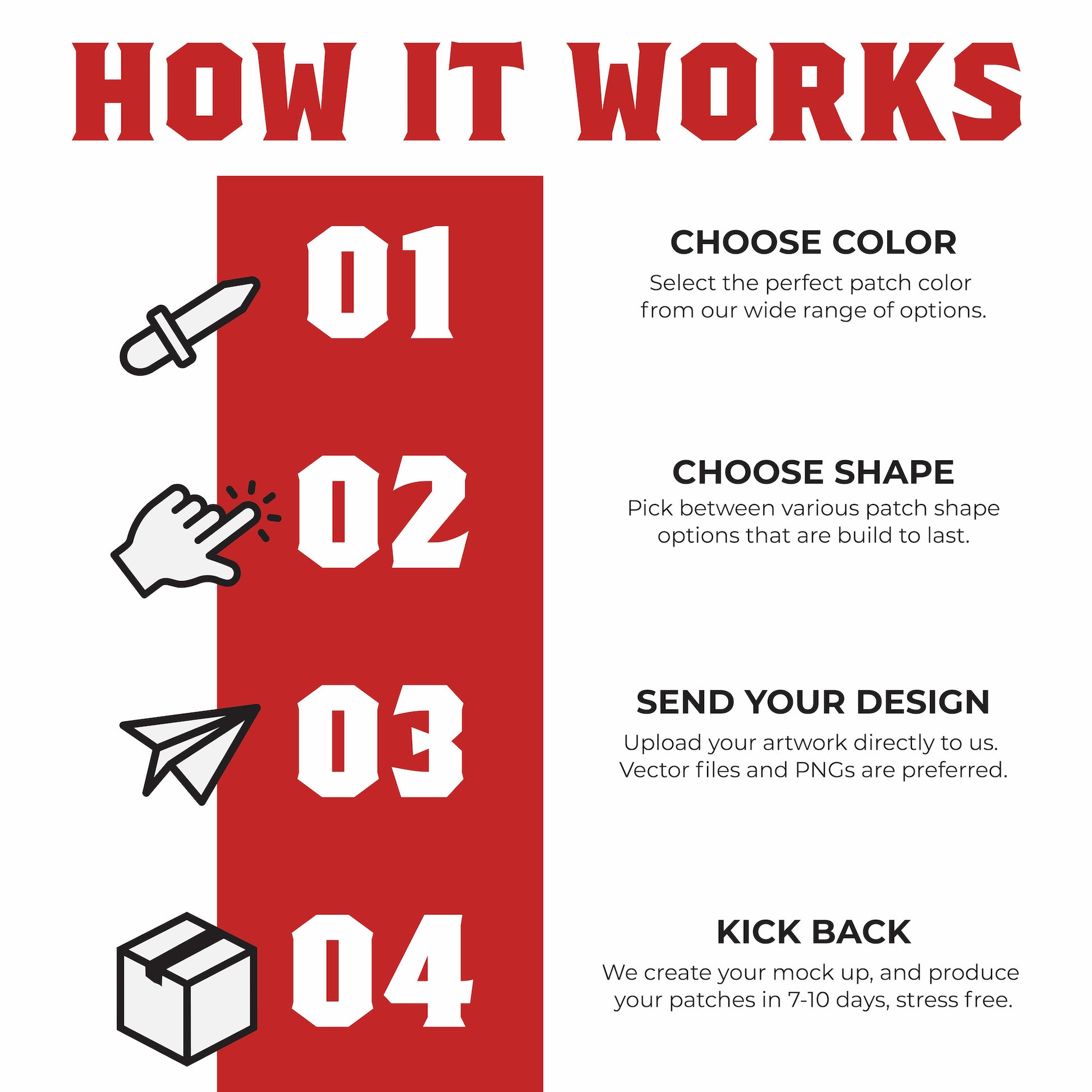 Custom ordering made easy—choose your style and color, we’ll create a mockup for approval, then move into production with a 12 patch minimum.