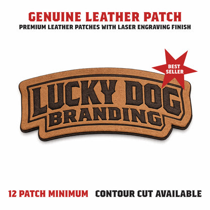 Laser engraved genuine leather patch with custom logo and natural textured finish
