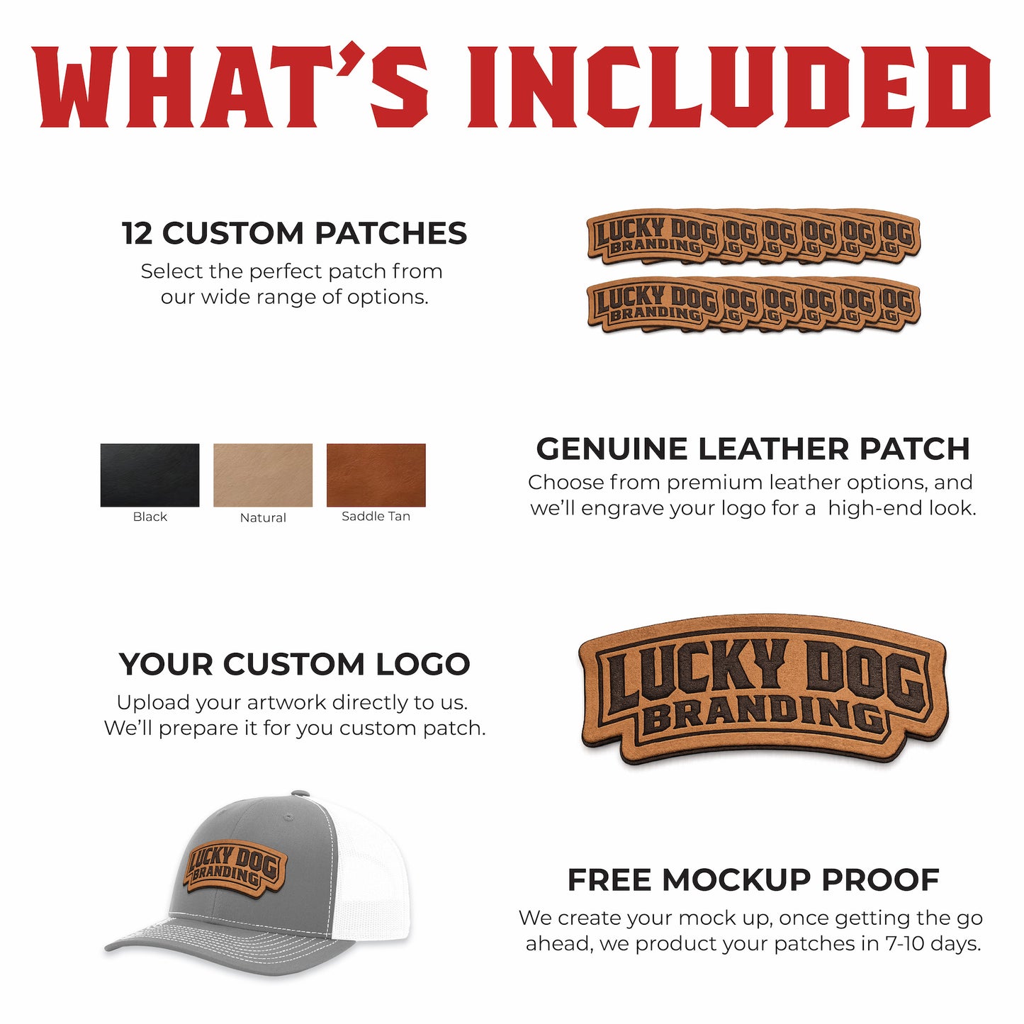 Leather patch package page featuring genuine engraved leather and leatherette patch options