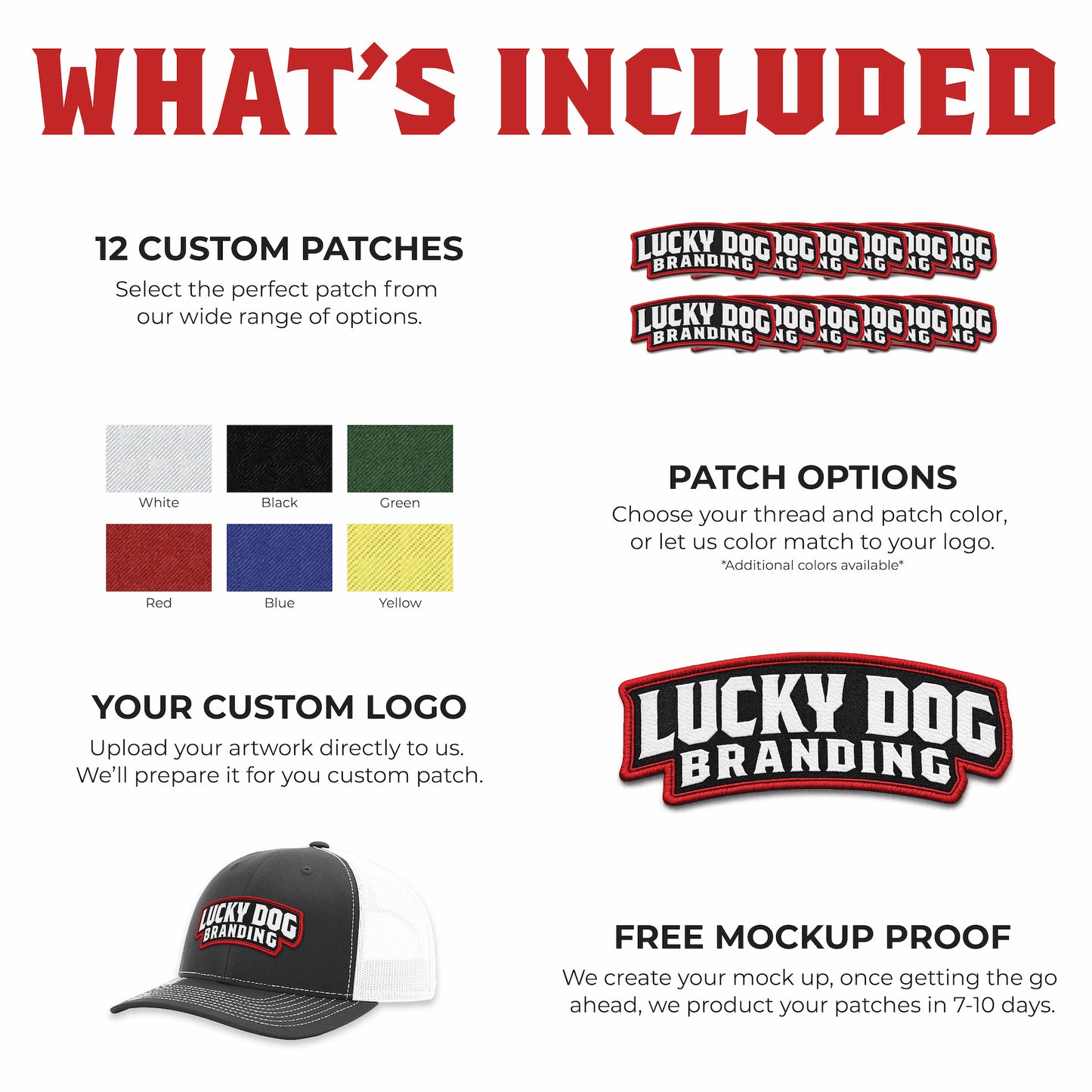 Sub and stitch patch package page showing custom full-color sublimated patches with stitched borders