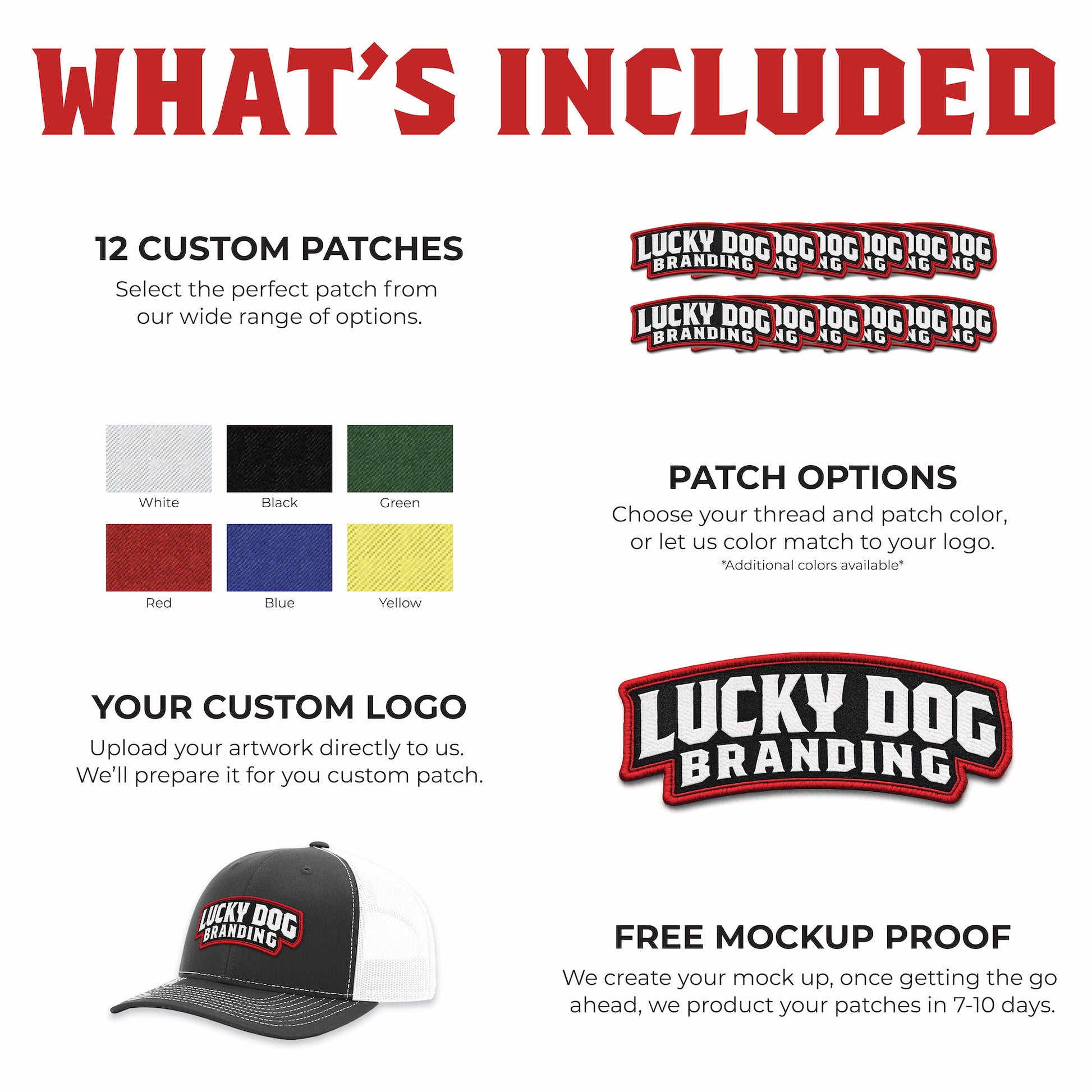 Sub and stitch patch package page showing custom full-color sublimated patches with stitched borders