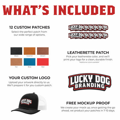 UV patch package page displaying UV printed leatherette patches with full-color logo customization


