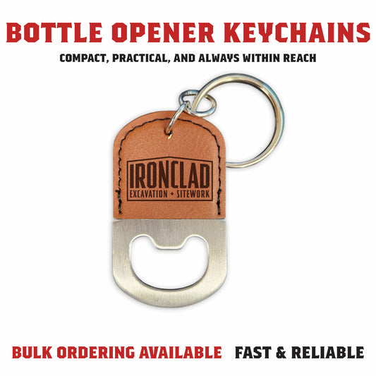 Laser engraved leatherette bottle opener keychain with custom logo and compact design