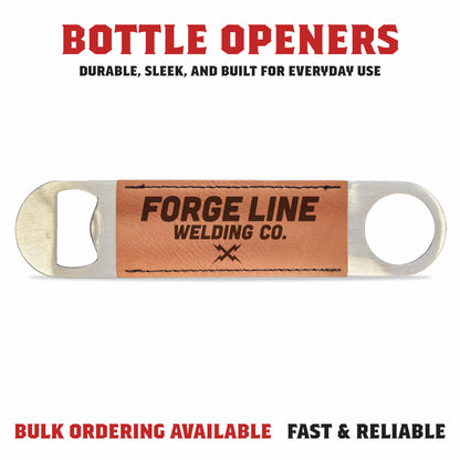 Laser engraved leatherette bottle opener with durable metal core and custom design