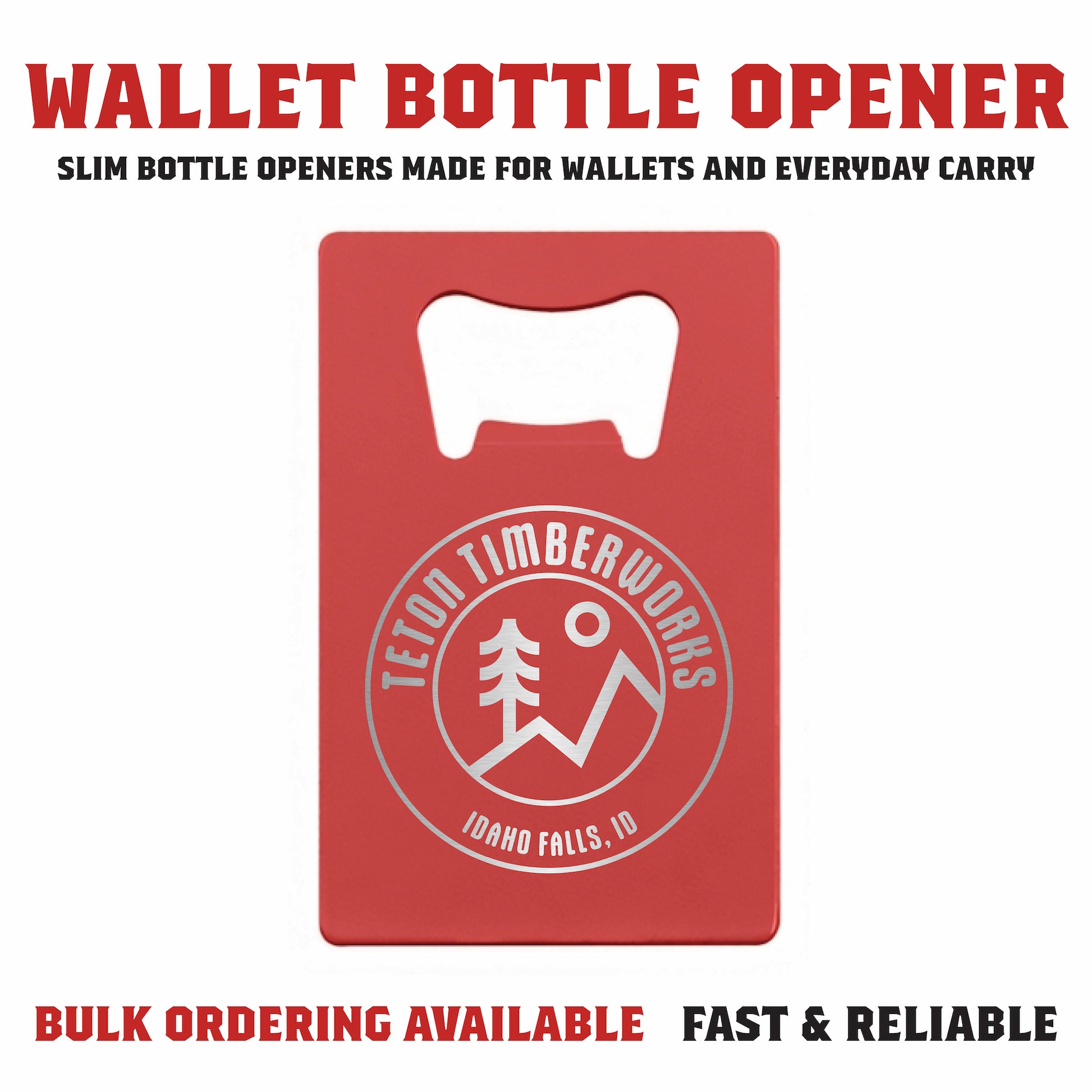 Colored card-style bottle opener shown on a clean background, featuring a slim wallet-sized design with a smooth finish and rounded edges, designed for keychain or pocket carry