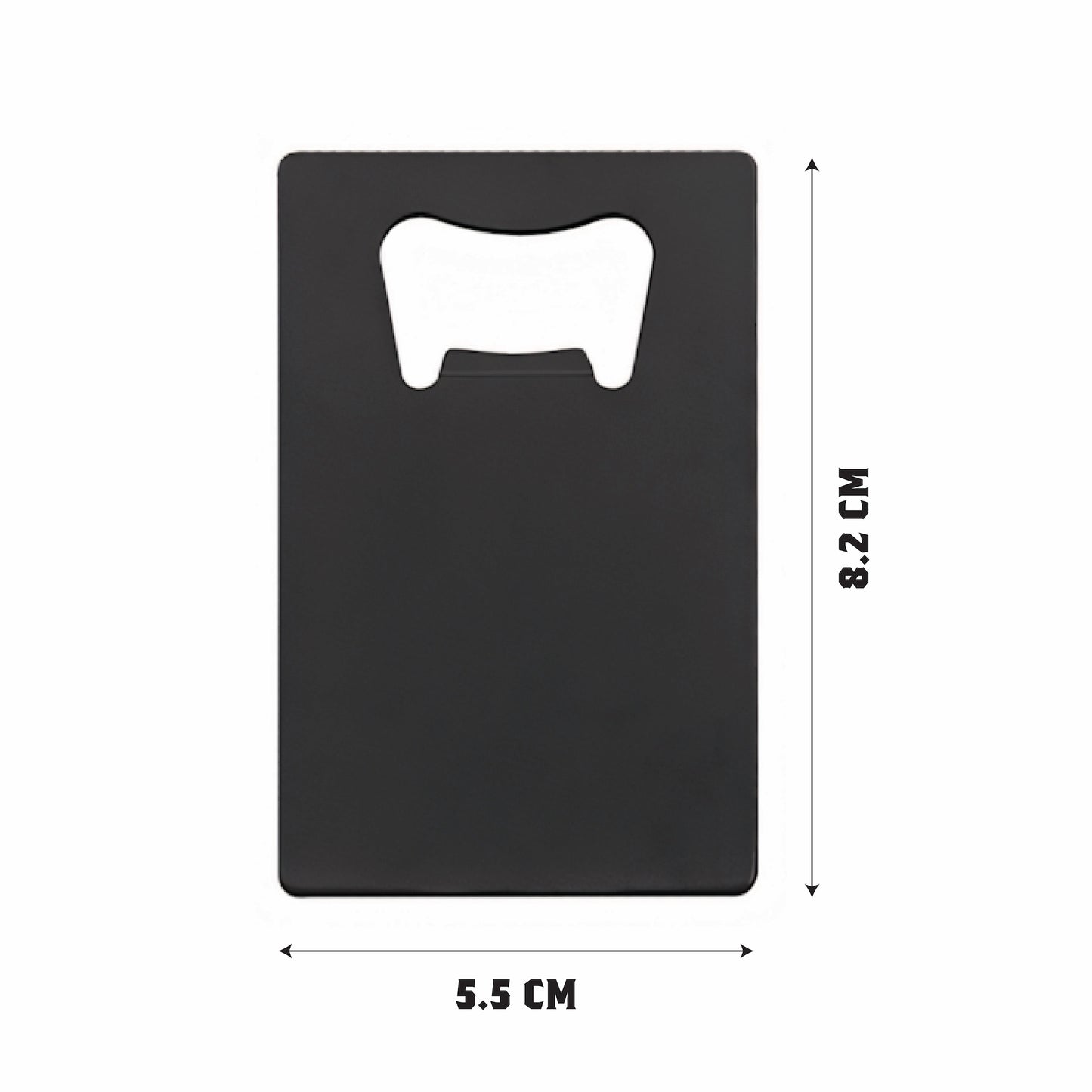 Size comparison visual showing the card bottle opener alongside common objects to demonstrate its compact wallet-sized dimensions and slim profile