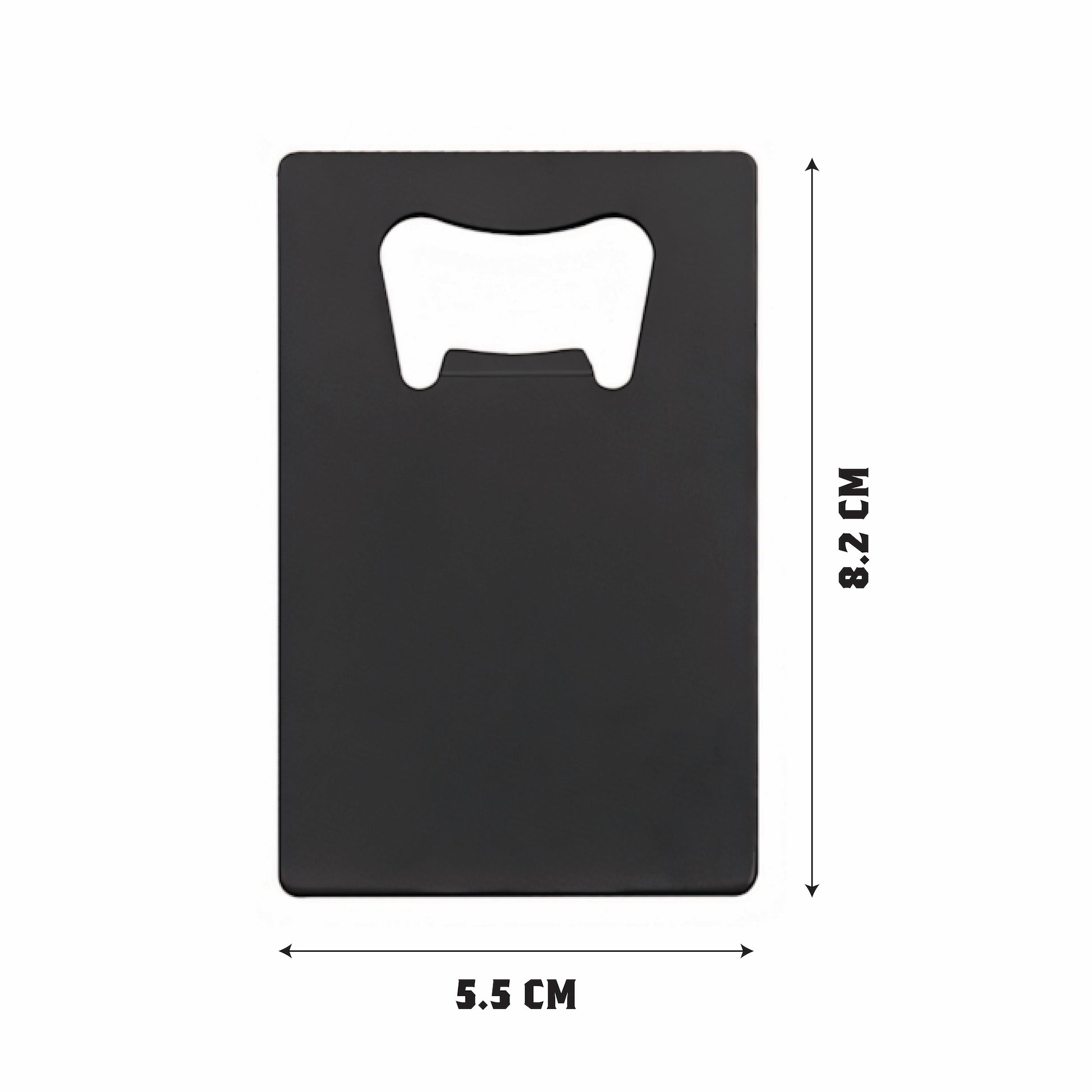 Size comparison visual showing the card bottle opener alongside common objects to demonstrate its compact wallet-sized dimensions and slim profile