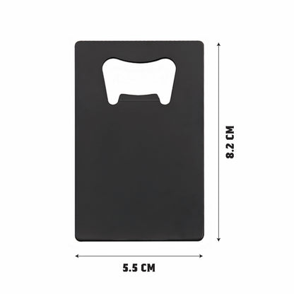 Size comparison visual showing the card bottle opener alongside common objects to demonstrate its compact wallet-sized dimensions and slim profile