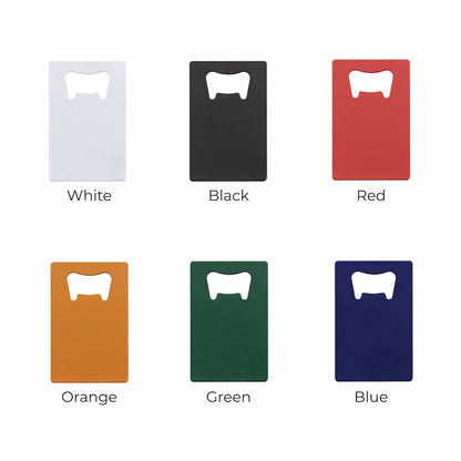 Custom wallet bottle opener color options displayed in multiple anodized finishes including black, white, blue, green, pink, red, yellow, and orange for laser engraving and personalization