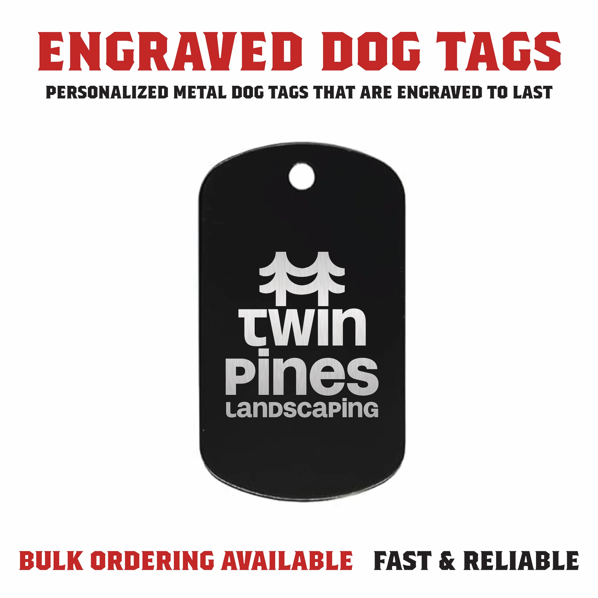 Overview of custom laser engraved dog tags showing product features, including durable metal construction, permanent engraving, and customization options for names, phone numbers, logos, and designs