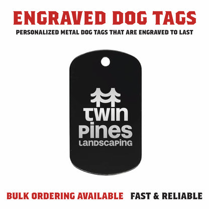 Overview of custom laser engraved dog tags showing product features, including durable metal construction, permanent engraving, and customization options for names, phone numbers, logos, and designs