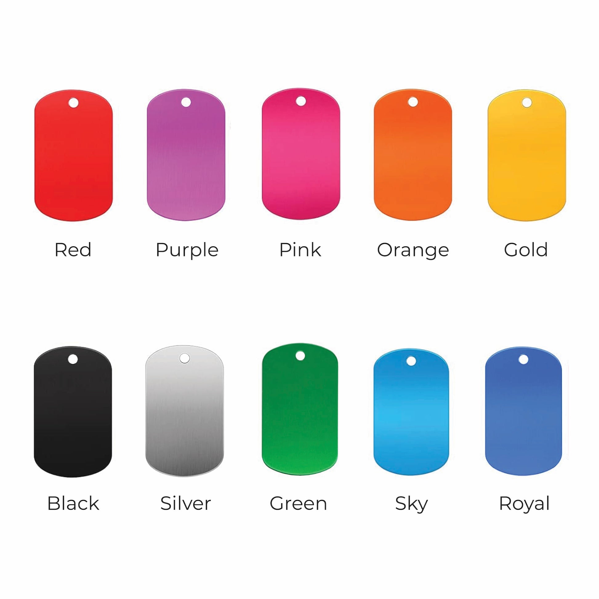 Custom laser engraved dog tag color options displayed in multiple finishes including stainless steel, black, gold, and colored anodized styles for personalization and branding