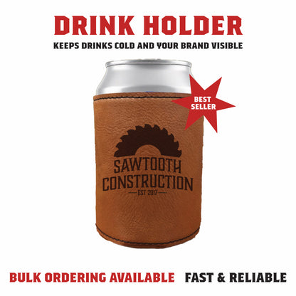 Laser engraved leatherette drink holder with custom logo and insulated lining