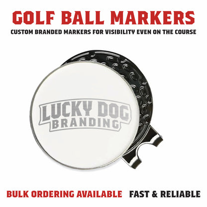 Custom laser engraved golf ball marker and hat clip set displayed with personalized engraving and product details for tournaments, teams, and corporate gifting
