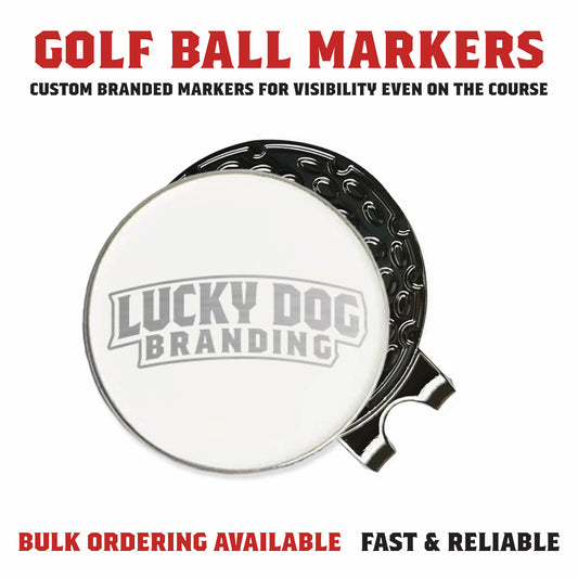 Custom laser engraved golf ball marker and hat clip set displayed with personalized engraving and product details for tournaments, teams, and corporate gifting