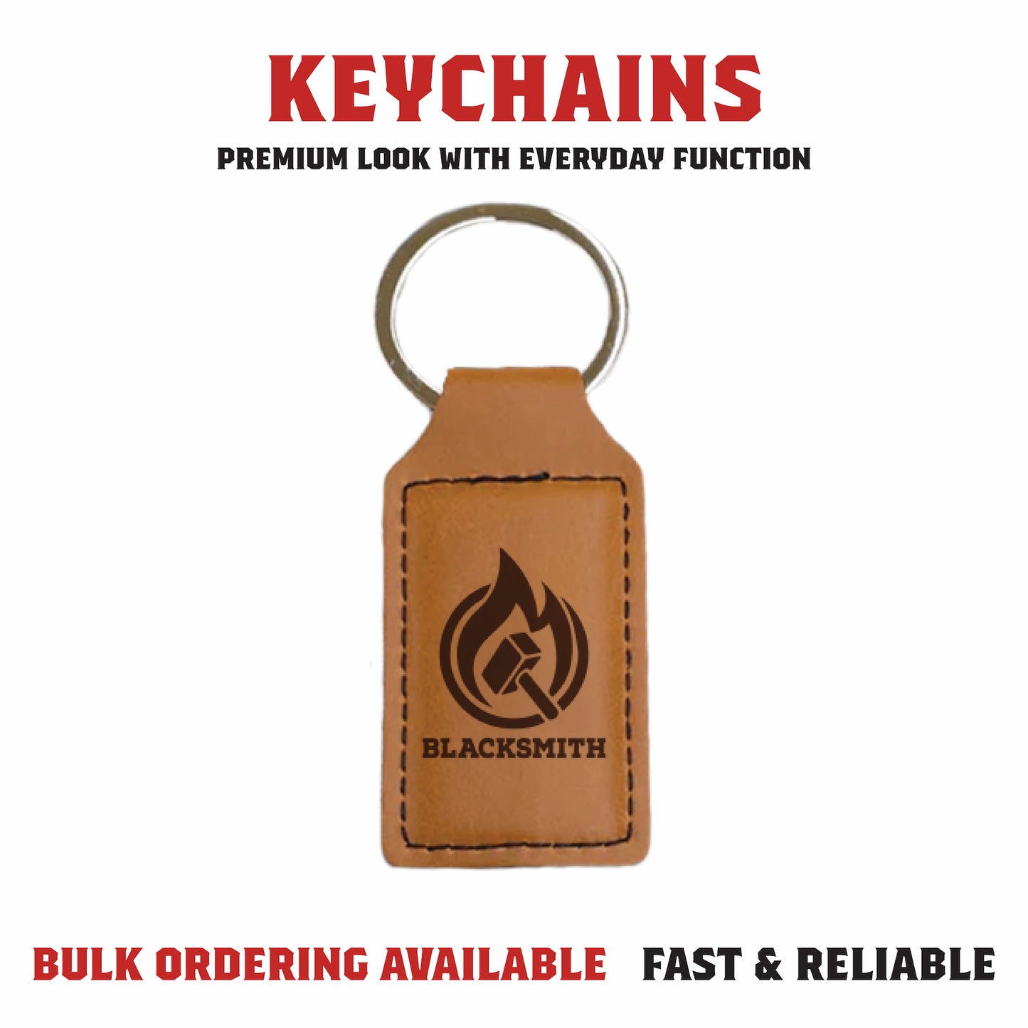 Laser engraved leatherette keychains with custom design and durable hardware