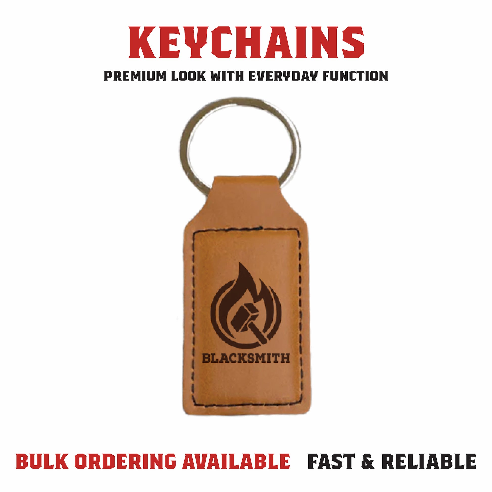 Laser engraved leatherette keychains with custom design and durable hardware