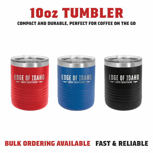 Assorted 10 oz laser engraved tumblers in various colors with durable powder coated finishes