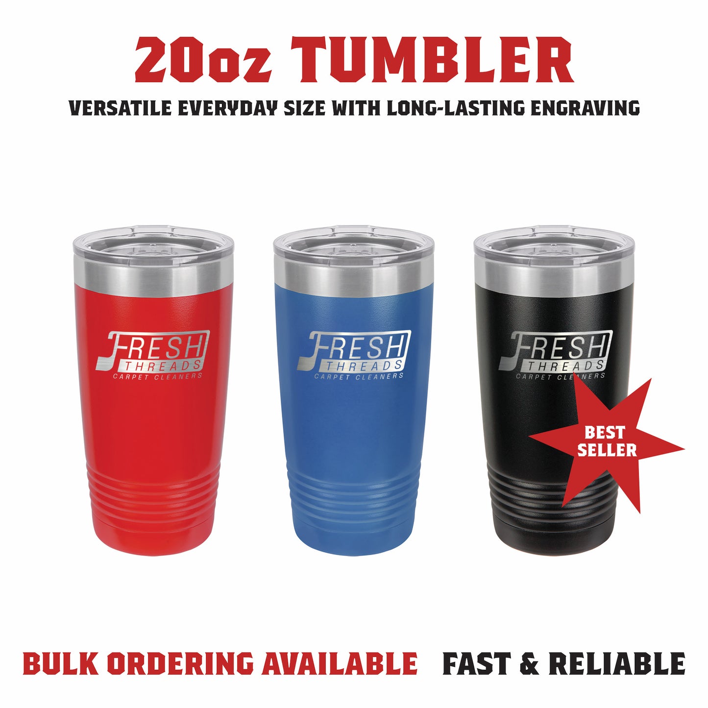 Collection of 20 oz laser engraved tumblers available in multiple color options