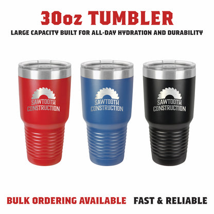 Variety of 30 oz laser engraved tumblers featuring different powder coated colors