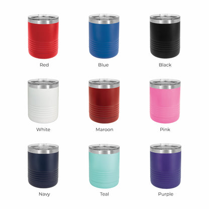 Color options page for 10 oz laser engraved tumblers showing assorted powder coated finishes in multiple colors