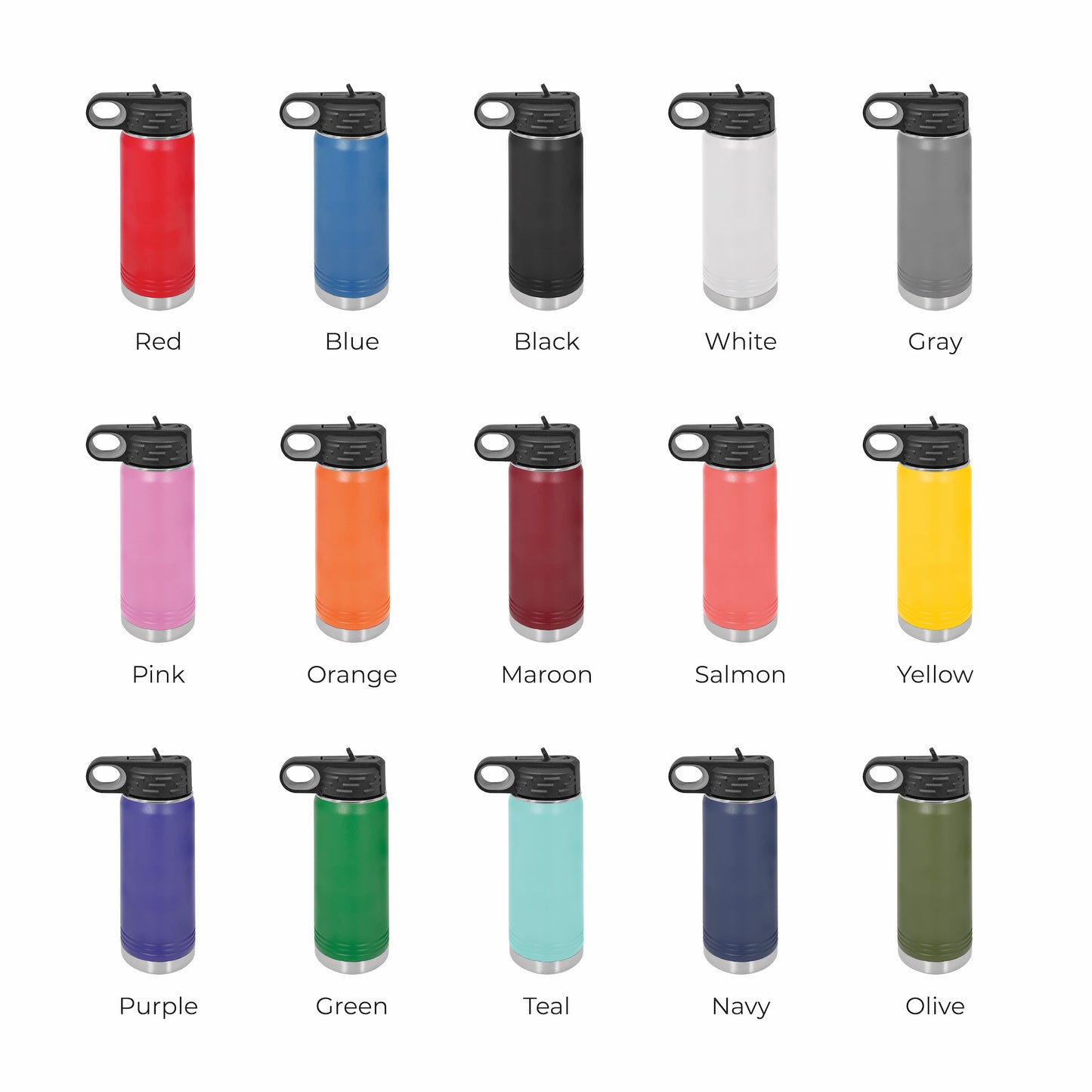 Color options page for 20 oz laser engraved water bottles showing assorted color selections and finishes
