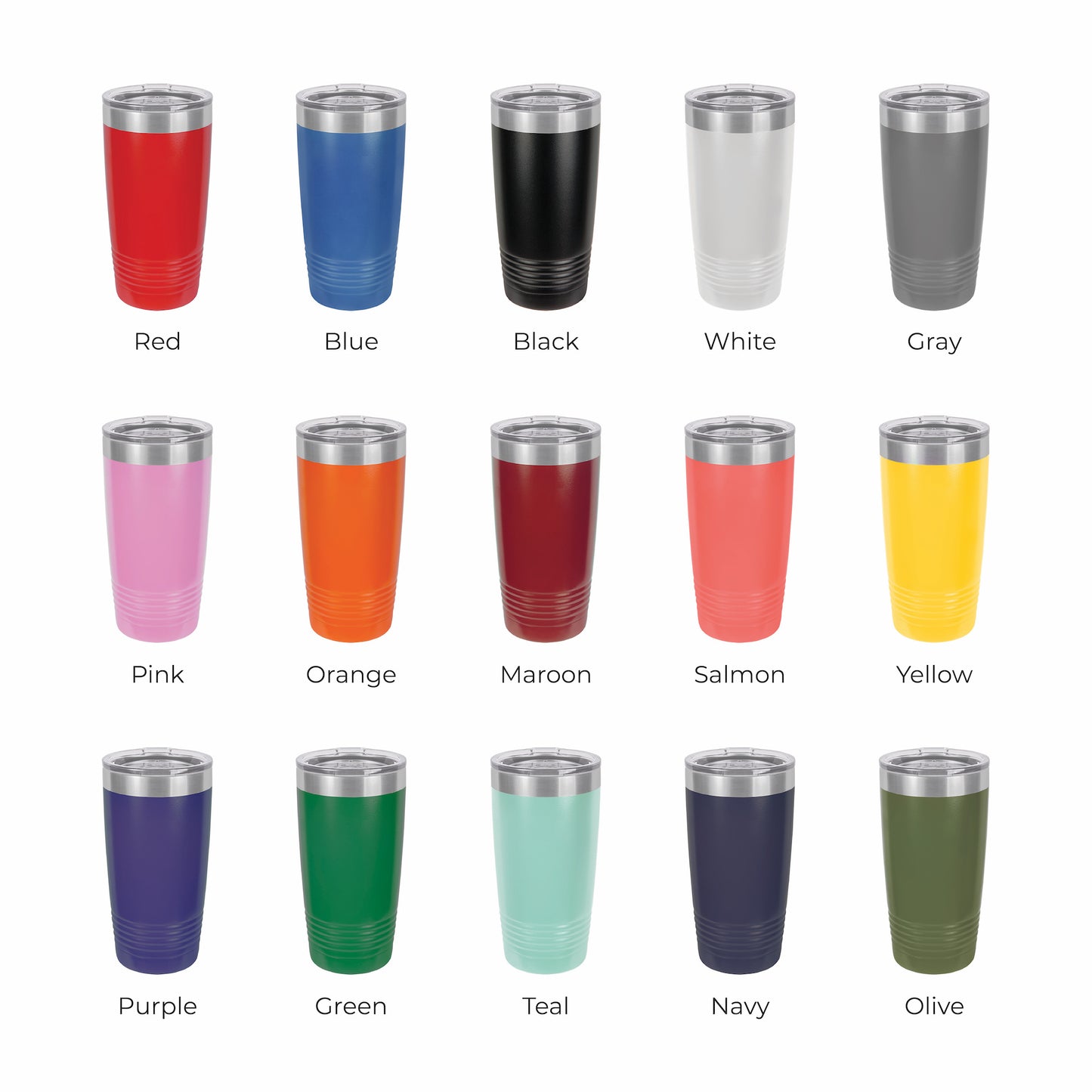 Color options page for 20 oz laser engraved tumblers displaying a variety of available color ways