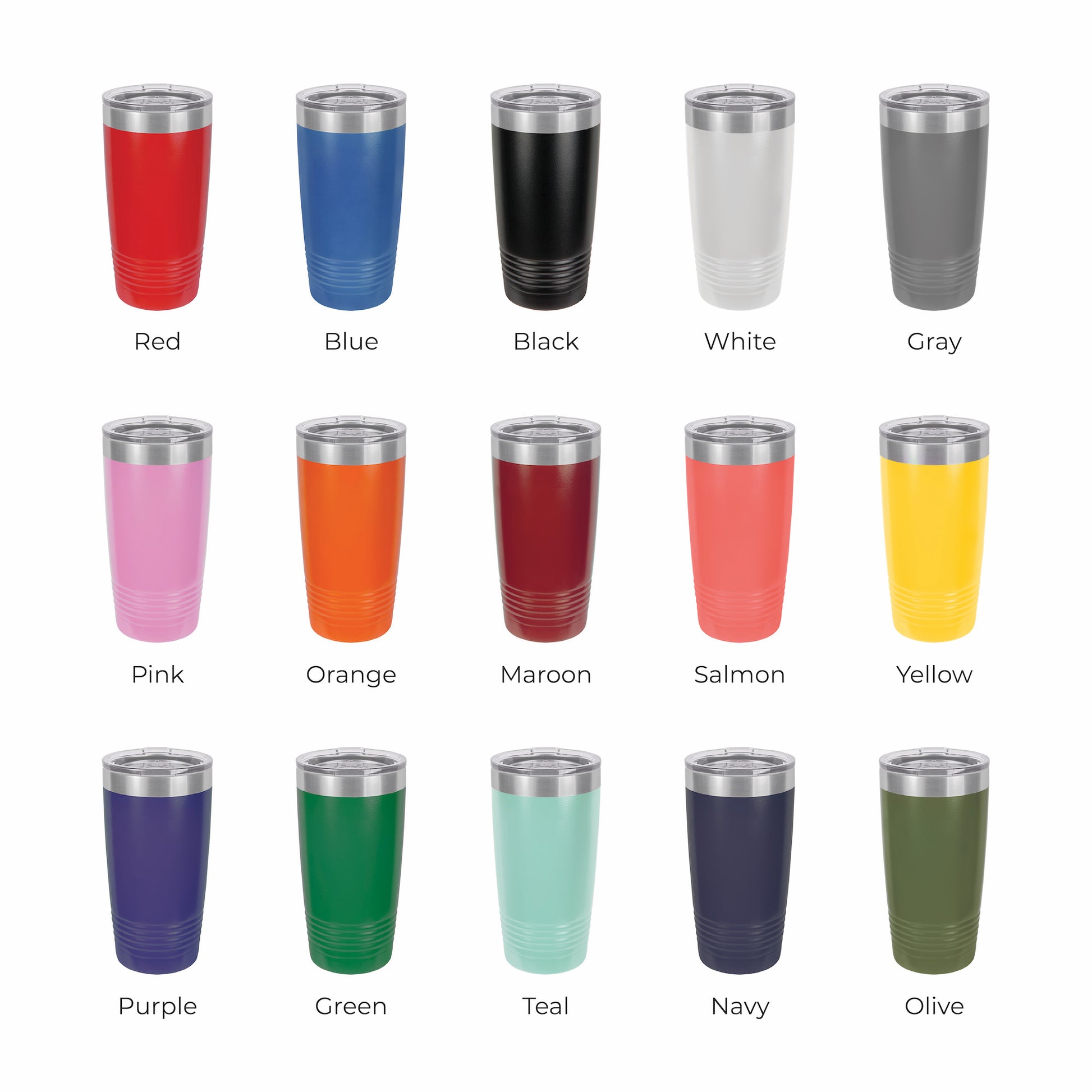 Color options page for 20 oz laser engraved tumblers displaying a variety of available color ways