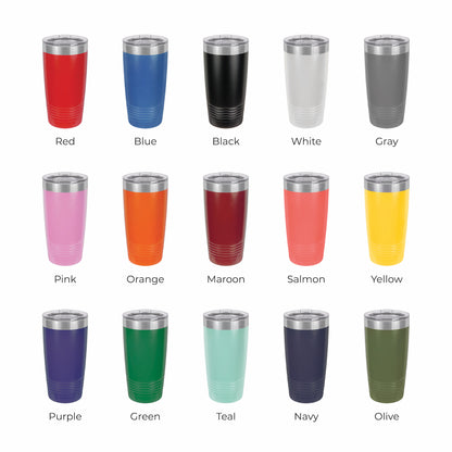 Color options page for 20 oz laser engraved tumblers displaying a variety of available color ways