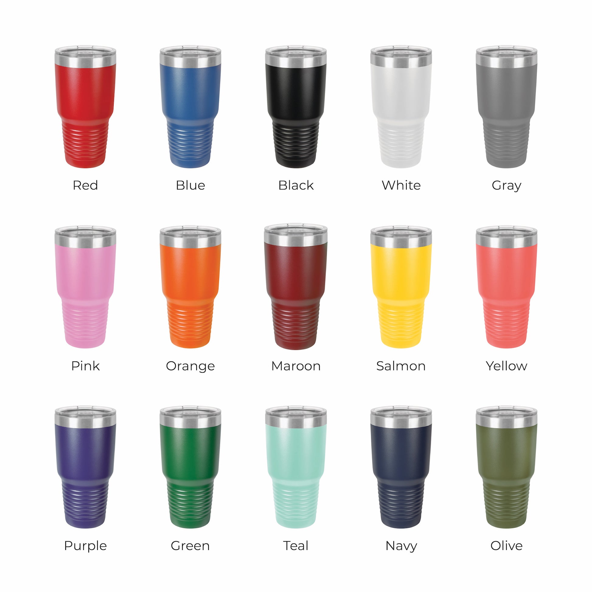 Color options page for 30 oz laser engraved tumblers featuring multiple powder coated color finishes