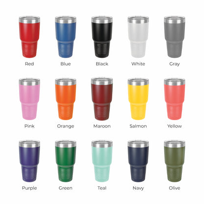 Color options page for 30 oz laser engraved tumblers featuring multiple powder coated color finishes