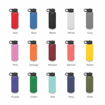 Color options page for 32 oz laser engraved water bottles displaying a range of available colors and styles


