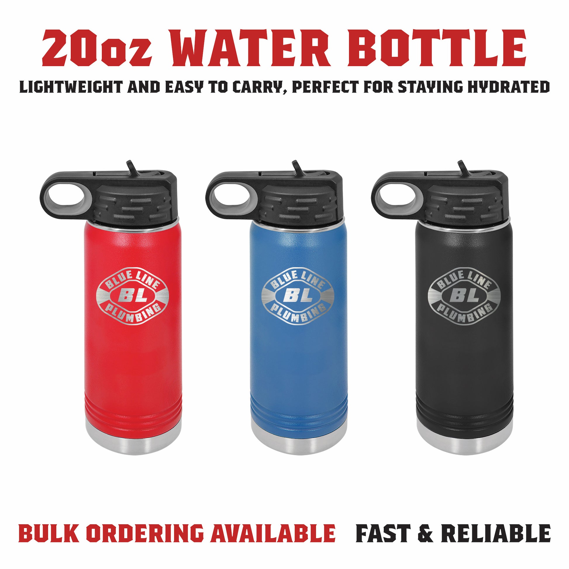 Assorted 20 oz laser engraved water bottles in multiple color finishes
