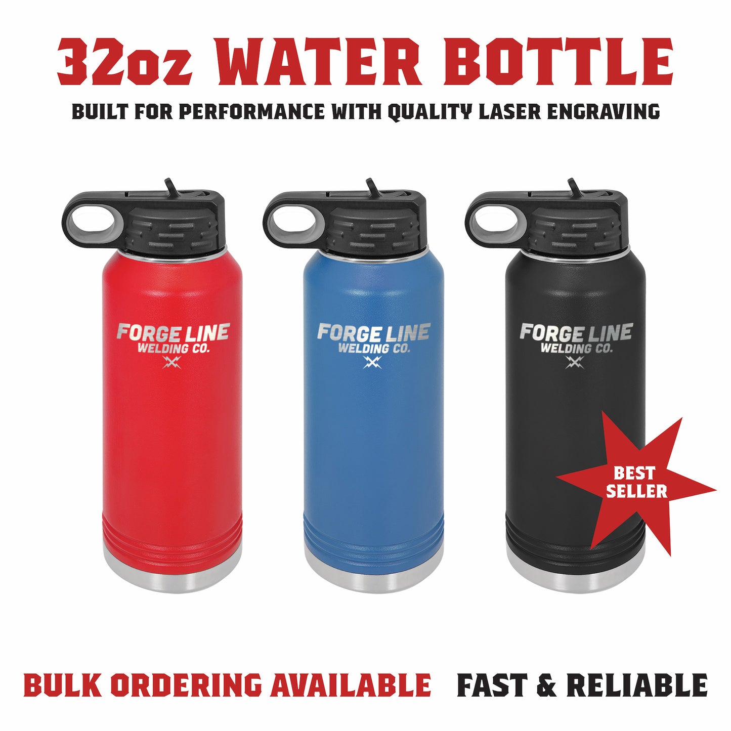 Collection of 32 oz laser engraved water bottles available in various colors and styles